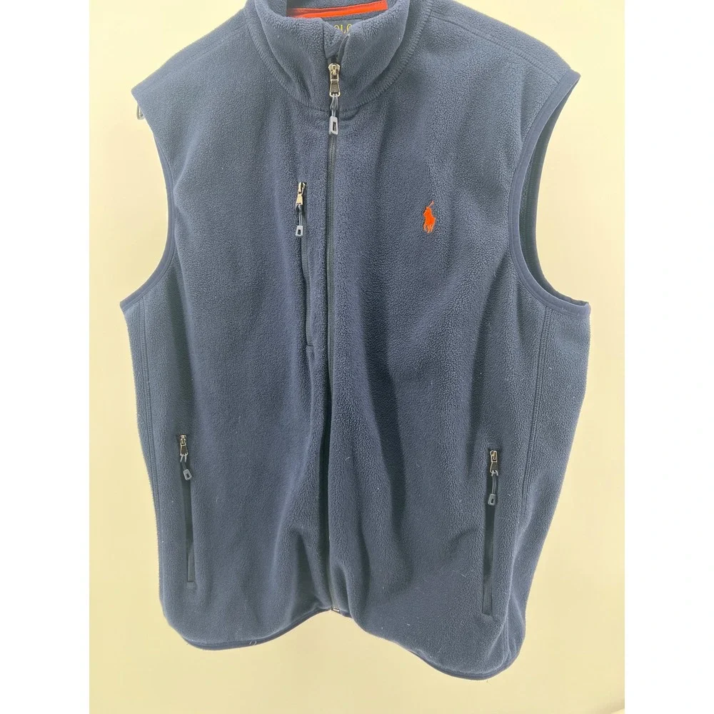 Polo Ralph Lauren‎ Navy Blue Fleece Vest Performance Orange Logo Size L